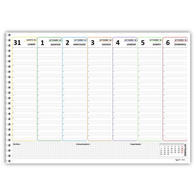 Planning Settimanale A3 2026-2027, 16 MESI da Settembre a Dicembre, Agenda Spiralata 42x30cm - COLORS 6