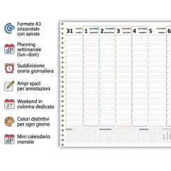 Planning Settimanale A3 2026-2027, 16 MESI da Settembre a Dicembre, Agenda Spiralata 42x30cm - COLORS 6 2