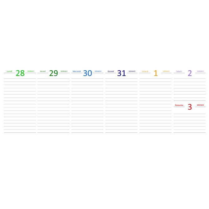Planning settimanale 2027 COLORS spiralato 10x30cm su due pagine ,orario 8-22,  giorni in 7 vari colori 4