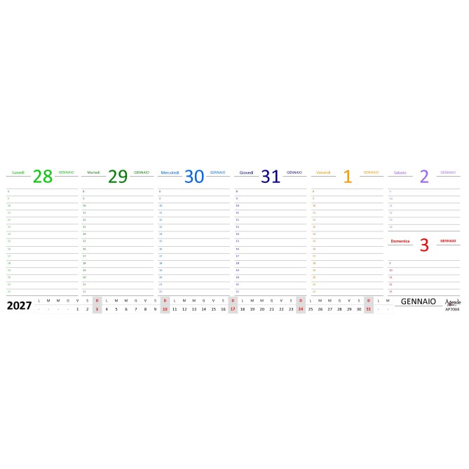 Planning settimanale 2027 COLORS spiralato 10x30cm su due pagine ,orario 8-22,  giorni in 7 vari colori 5