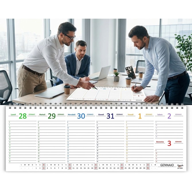 Planning settimanale 2027 COLORS spiralato 10x30cm su due pagine ,orario 8-22,  giorni in 7 vari colori 7