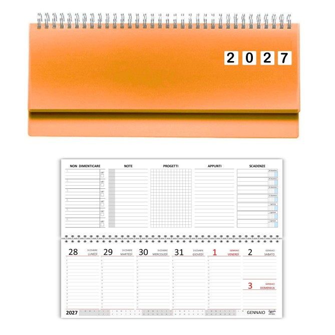 Planning Settimanale 2027 in PVC Rigido, Formato 10x30 cm, Spirale 180°, Sezioni Note e Progetti 2