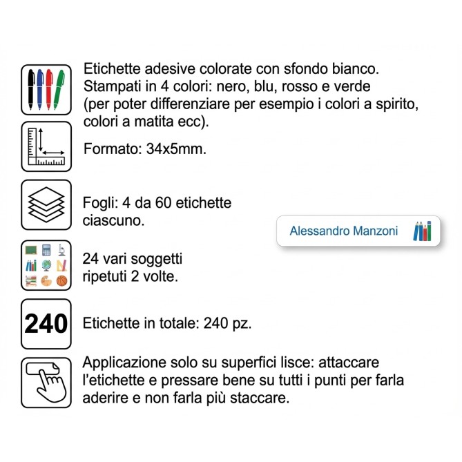 Etichette Adesive Personalizzate In 4 Colori 34x5mm 240 Etichette Per Penne Matite Ed Accessori Scuola 34x5 Mm 5