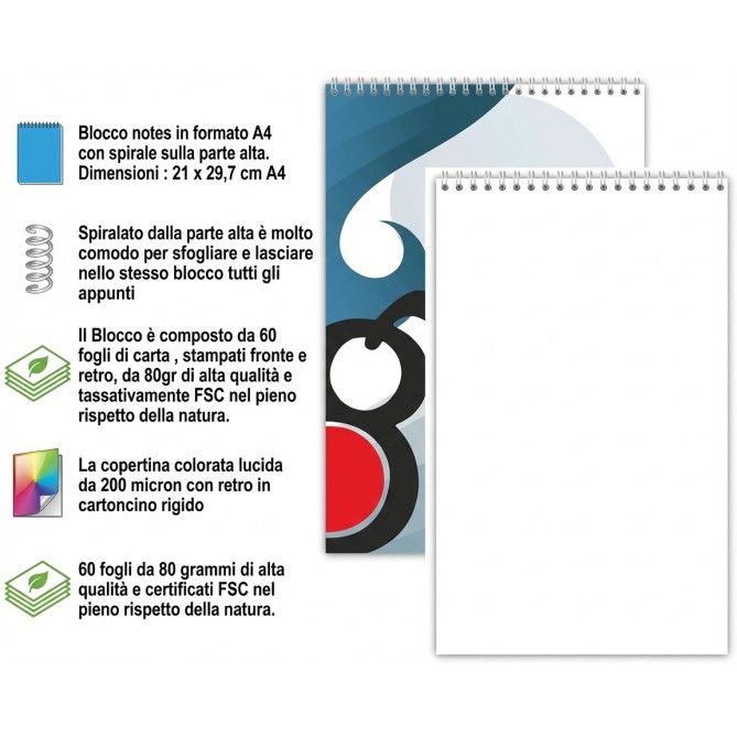 Blocco Notes Per Appunti BIANCO A4 21x30cm 60 Fogli Spiralato Carta Da 80gr 4