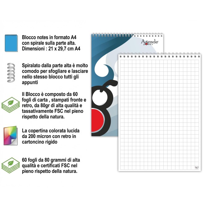 Blocco Notes Per Appunti Quadretto 10mm A4 21x30cm 60 Fogli Spiralato 4