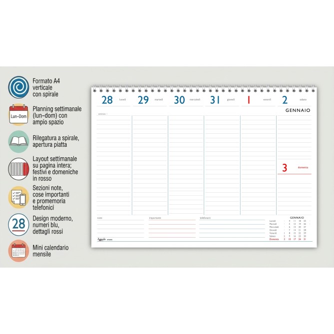 Agende Planner Planning Settimanale 2027 LIFE Spiralato, Formato A4 21x30 cm, Festivi Evidenziati, Sezioni Note 2