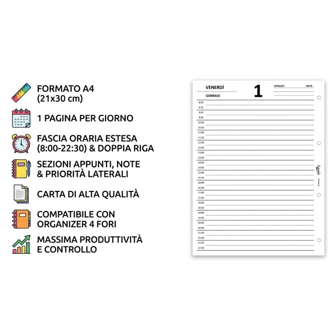 Agende Ricambio Organizer Giornaliero 2027, Formato A4 21x30 cm, 1 Pagina per Giorno, 4 Fori 3