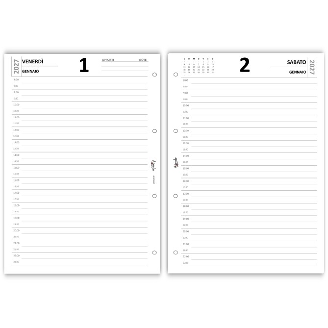 Agende Ricambio Organizer Giornaliero 2027, Formato A4 21x30 cm, 1 Pagina per Giorno, 4 Fori 6