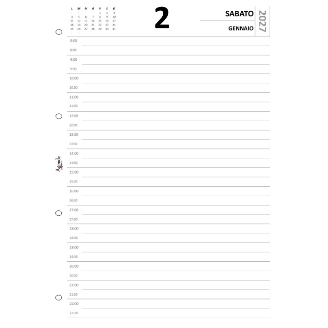 Agende Ricambio Organizer Giornaliero 2027, Formato A4 21x30 cm, 1 Pagina per Giorno, 4 Fori 8