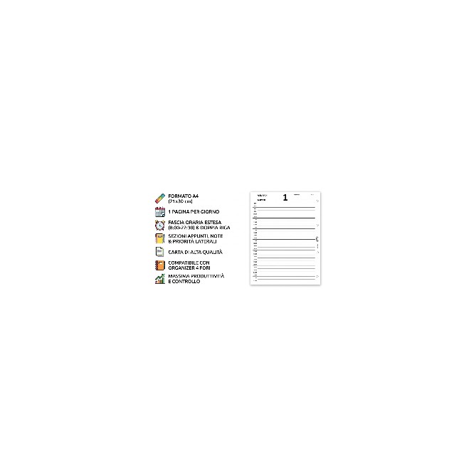 Agende Ricambio Organizer Giornaliero 2026, Formato A4 21x30 cm, 1 Pagina per Giorno, 4 Fori 8