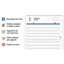 Ricambio Agenda giornaliero 2027 COLORS , Formato A4 21x30 cm, Orario 8-22, Colonne Appunti, 4 Fori 5 2