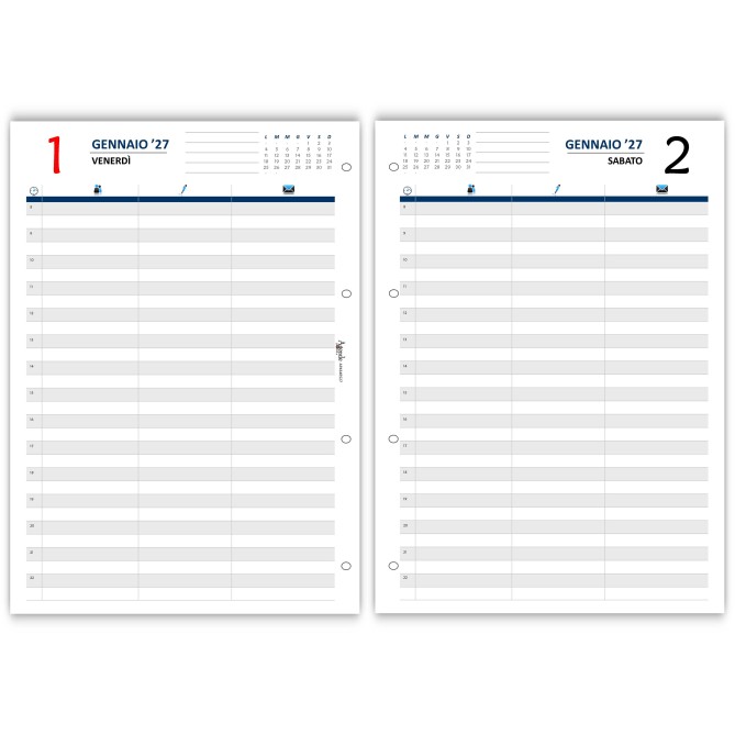 Ricambio Agenda giornaliero 2027 COLORS , Formato A4 21x30 cm, Orario 8-22, Colonne Appunti, 4 Fori 5