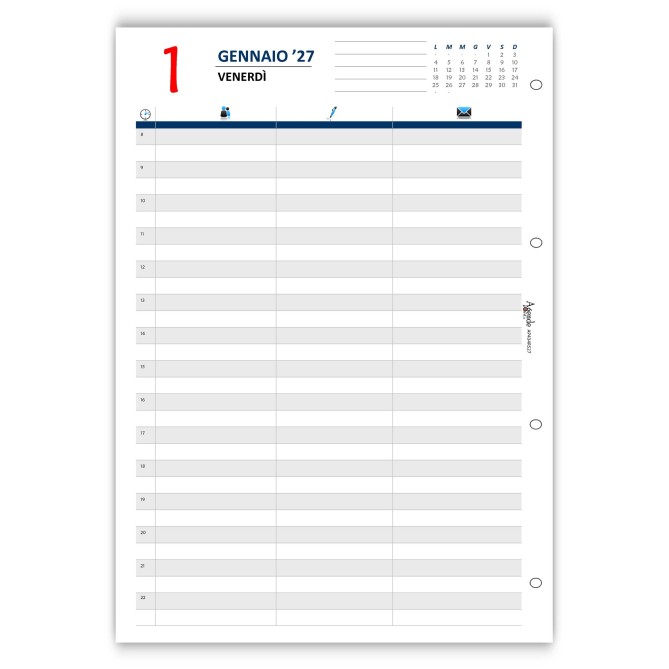 Ricambio Agenda giornaliero 2027 COLORS , Formato A4 21x30 cm, Orario 8-22, Colonne Appunti, 4 Fori 6