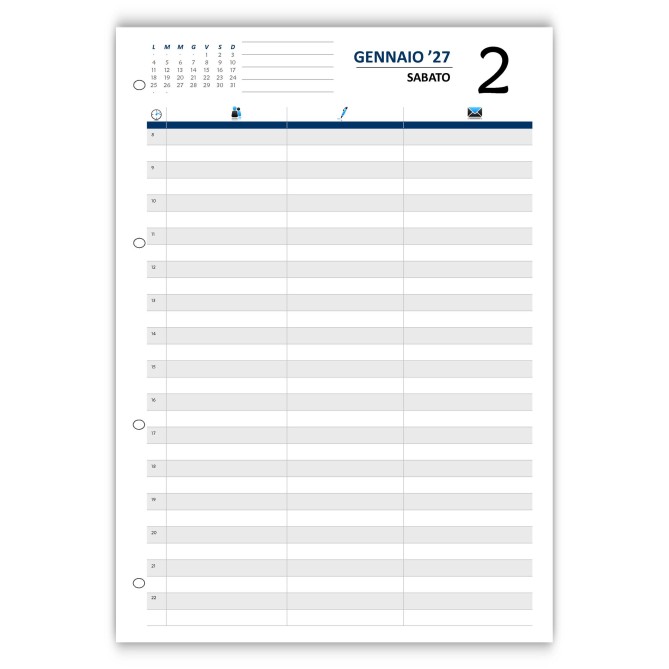 Ricambio Agenda giornaliero 2027 COLORS , Formato A4 21x30 cm, Orario 8-22, Colonne Appunti, 4 Fori 7