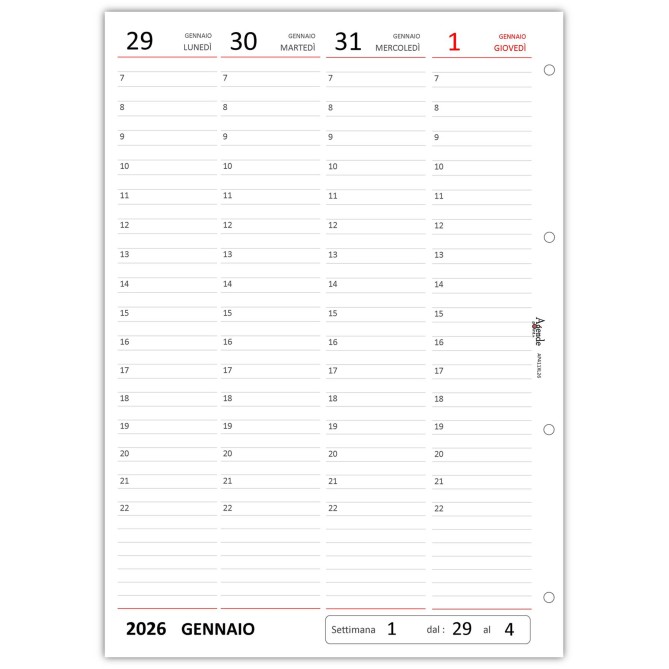 Ricambio Agenda Settimanale 2027 A4, Formato 21x30 cm, Carta FSC 90g, 4 Fori, Orari Verticali, Note e Appunti 3