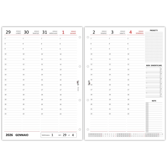 Ricambio Agenda Settimanale 2027 A4, Formato 21x30 cm, Carta FSC 90g, 4 Fori, Orari Verticali, Note e Appunti 5