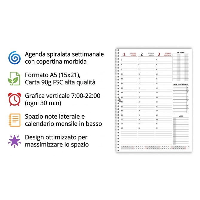 Agenda Settimanale 2027 A5, Planner Verticale con Spirale, Formato 15x21cm, Note e Progetti, Copertina Plastificata 6