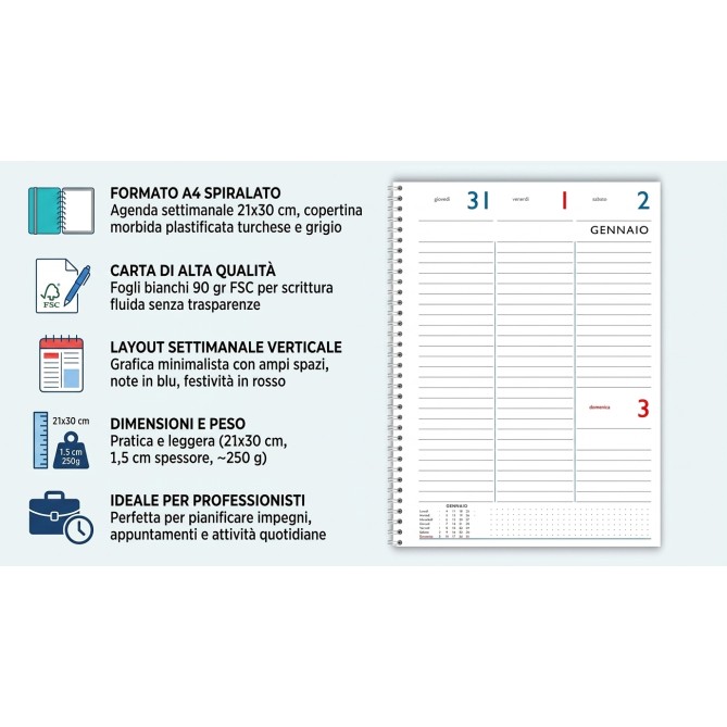 Agenda settimanale 2026 LIFE spiralata plastificata 21x30cm A4 9