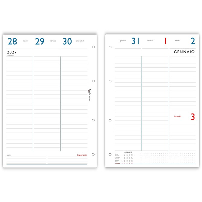 Ricambio Agenda Settimanale 2027 A4, Formato 21x30 cm, 4 Fori, Carta FSC 90gr, Layout Verticale Minimalista, Turchese e Grigio 3