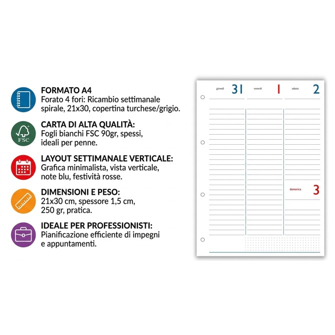 Ricambio Agenda Settimanale 2027 A4, Formato 21x30 cm, 4 Fori, Carta FSC 90gr, Layout Verticale Minimalista, Turchese e Grigio 7