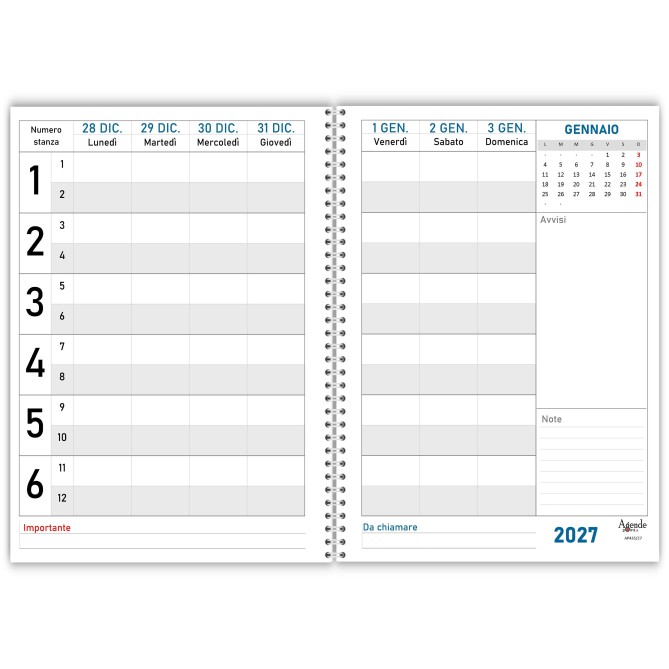 Agenda Prenotazioni 2027 Spiralata per Hotel e B&B, Formato A4 21x29,7 cm, da 6 a 12 Stanze, Copertina Plastificata 6