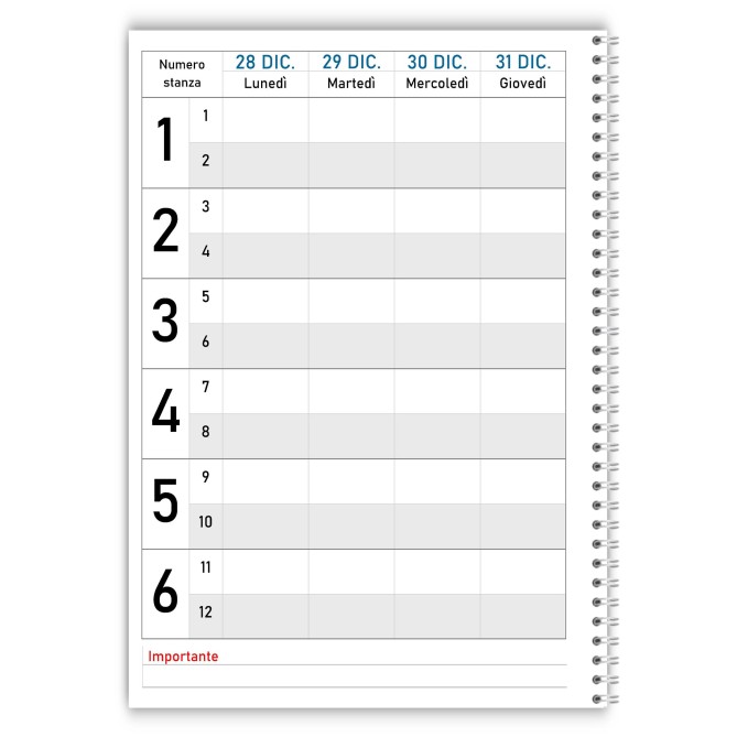 Agenda Prenotazioni 2027 Spiralata per Hotel e B&B, Formato A4 21x29,7 cm, da 6 a 12 Stanze, Copertina Plastificata 7