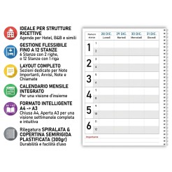 Agenda settimanale 2026 spiralata plastificata Prenotazioni Hotel B&B 21x30cm A4 9 2