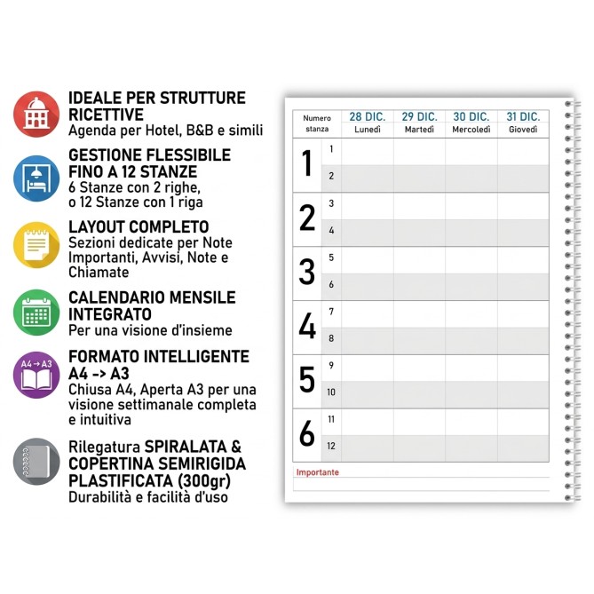 Agenda settimanale 2026 spiralata plastificata Prenotazioni Hotel B&B 21x30cm A4 12