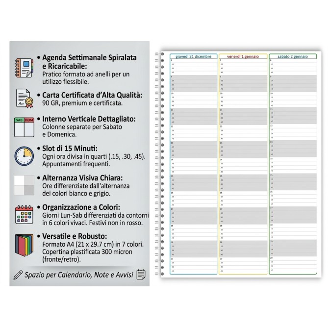 Agenda Settimanale Spiralata 2027, A4 21x30 cm, Copertina Morbida Plastificata, Oraria 15 Min,dal lunedì al sabato 8