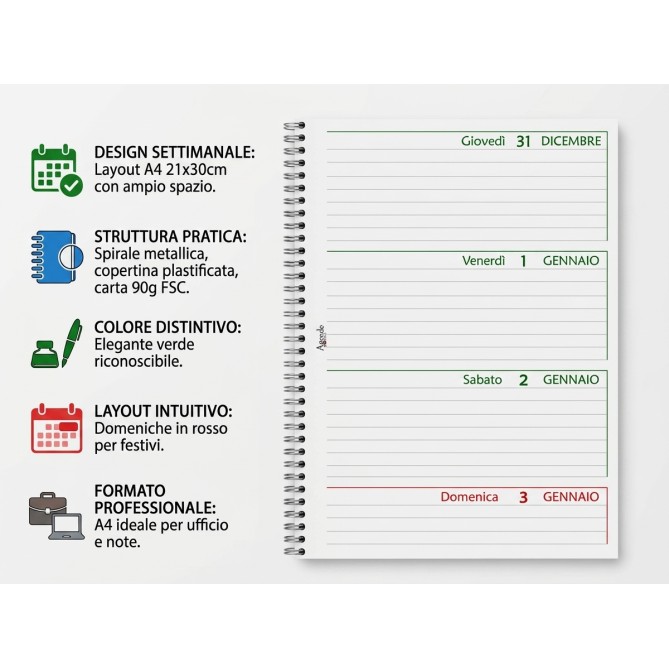 Agenda settimanale 2027 spiralata GREEN , 21x30cm A4 , carta 90 grammi 10