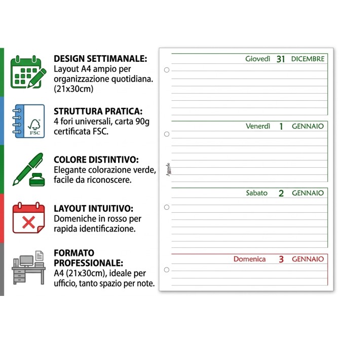 Ricambio agenda organizer settimanale 2027 , 21x30cm A4, GREEN   90gr 4fori 4