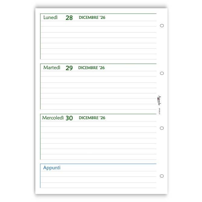 Ricambio agenda organizer settimanale 2027 , 21x30cm A4, GREEN   90gr 4fori 6