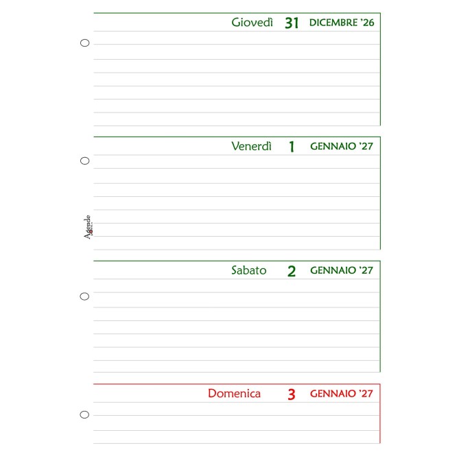 Ricambio agenda organizer settimanale 2027 , 21x30cm A4, GREEN   90gr 4fori 7