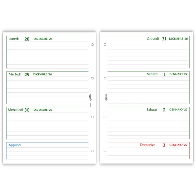 Ricambio agenda organizer settimanale 2027 , 21x30cm A4, GREEN   90gr 4fori 8