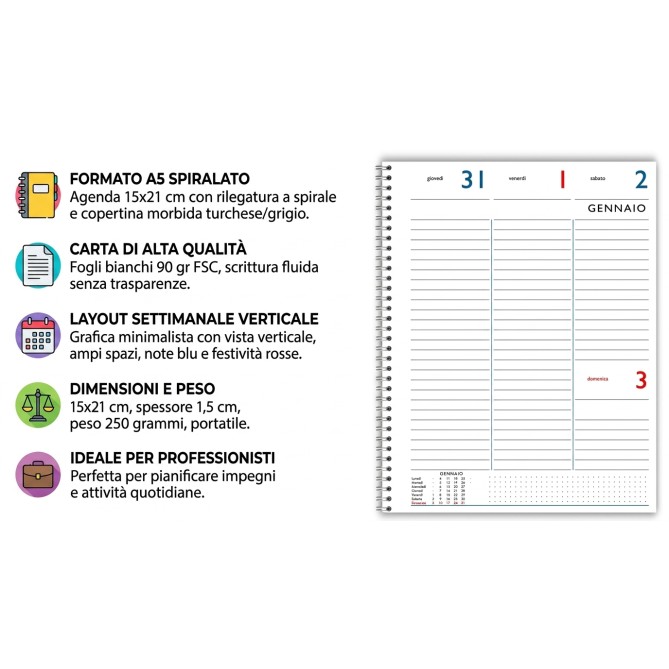 Agenda Settimanale 2027 A5 LIFE , Spiralata, Carta 90 gr, Copertina Morbida, 15x21 cm, per Professionisti 6