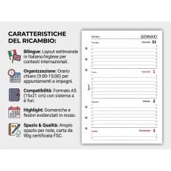 Ricambio Agenda Settimanale Bilingue Italiano/Inglese 2026, Formato A5 15x21 cm, 6 Fori, Carta 90g FSC 1 2