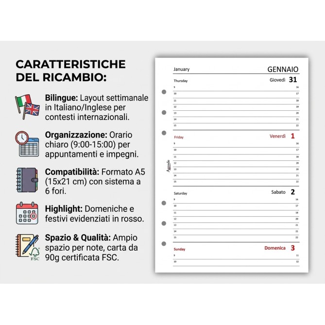 Ricambio Agenda Settimanale Bilingue Italiano/Inglese 2026, Formato A5 15x21 cm, 6 Fori, Carta 90g FSC 10
