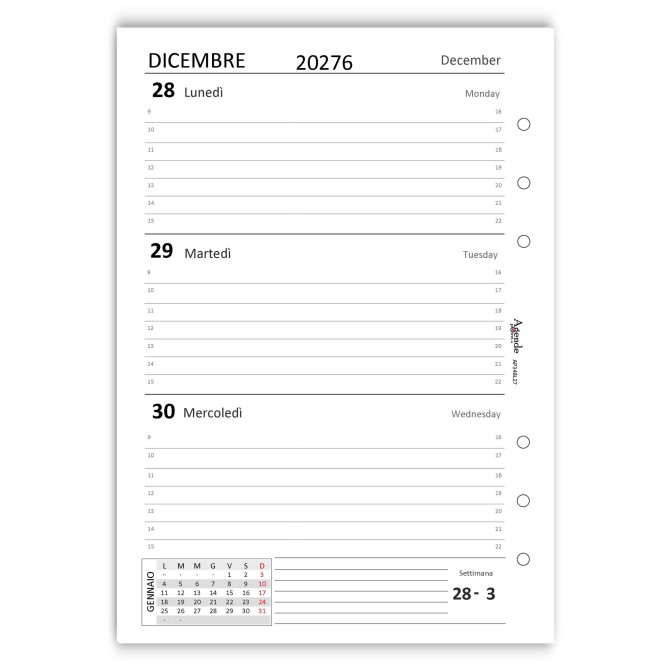 Ricambio Agenda Settimanale Bilingue Italiano/Inglese 2027, Formato A5 15x21 cm, 6 Fori, Carta 90g FSC 8