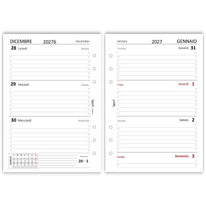 Ricambio Agenda Settimanale Bilingue Italiano/Inglese 2027, Formato A5 15x21 cm, 6 Fori, Carta 90g FSC 9