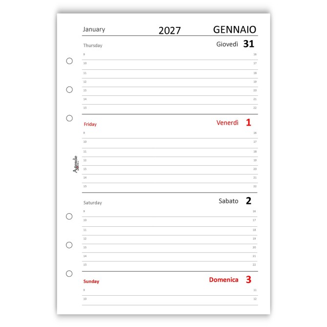 Ricambio Agenda Settimanale Bilingue Italiano/Inglese 2027, Formato A5 15x21 cm, 6 Fori, Carta 90g FSC 10