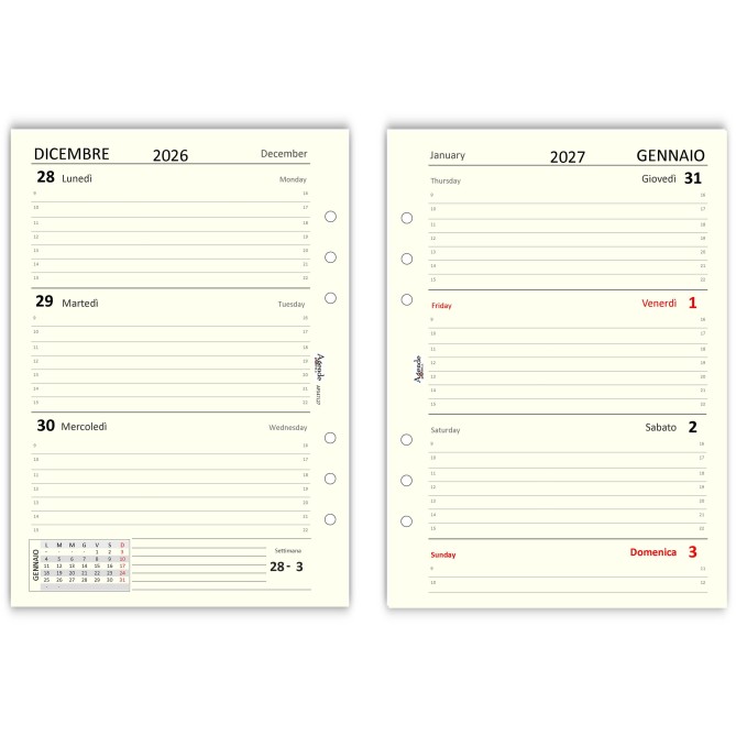 Ricambio agenda organizer settimanale BI-LINGUA 2027 15x21cm A5 6fori multilingua avorio 3