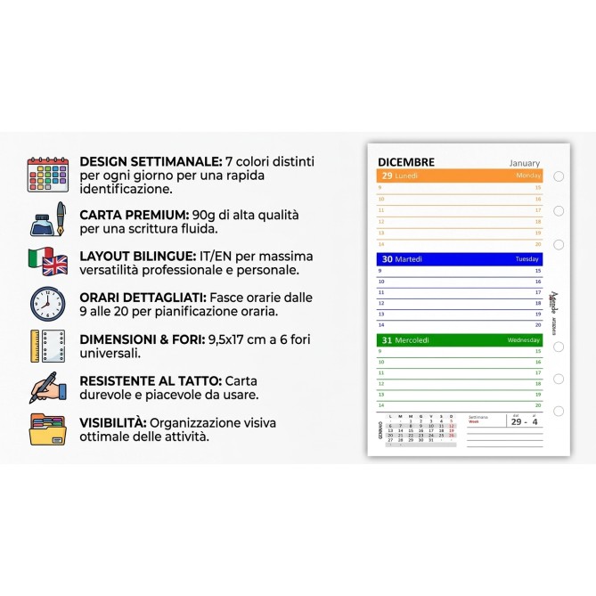 Ricambio agenda organizer settimanale 2026 COLORS 9,5x17cm - 6 fori standard - carta 90gr 7