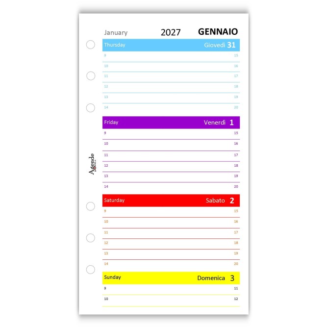 Ricambio agenda organizer settimanale 2027 COLORS 9,5x17cm - 6 fori standard - carta 90gr 3