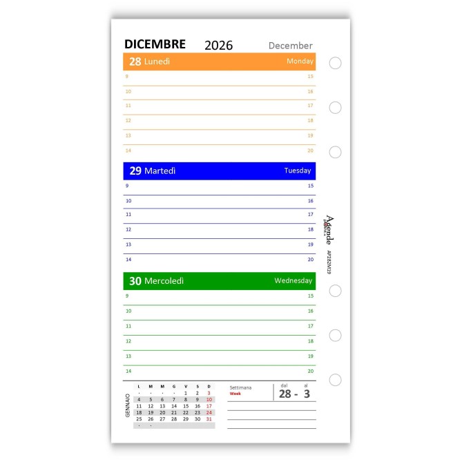 Ricambio agenda organizer settimanale 2027 COLORS 9,5x17cm - 6 fori standard - carta 90gr 4