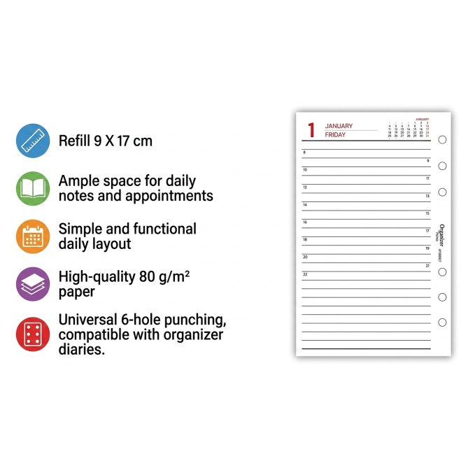Ricambio Organizer Giornaliero 2027 in Inglese, 9x17 cm, 6 Fori, Carta 80 g/m², Layout Giornaliero 2