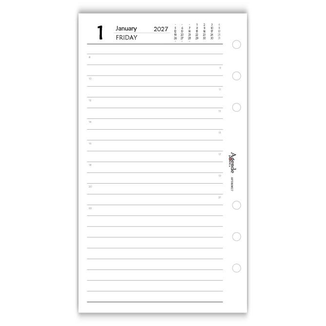 Ricambio Organizer Giornaliero 2027 in Inglese, 9x17 cm, 6 Fori, Carta 80 g/m², Layout Giornaliero 3