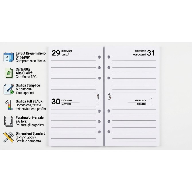 Ricambio Organizer Bi-Giornaliero a Righe 2026, 2 Giorni per Pagina, 6 Fori, 9x17 cm, Carta 80g 9