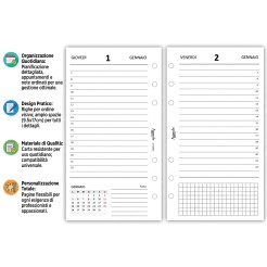 Ricambio Agenda Giornaliera a Righe 2026, 9,5x17 cm, 6 Fori, Carta 80gr, Bianco 2 2