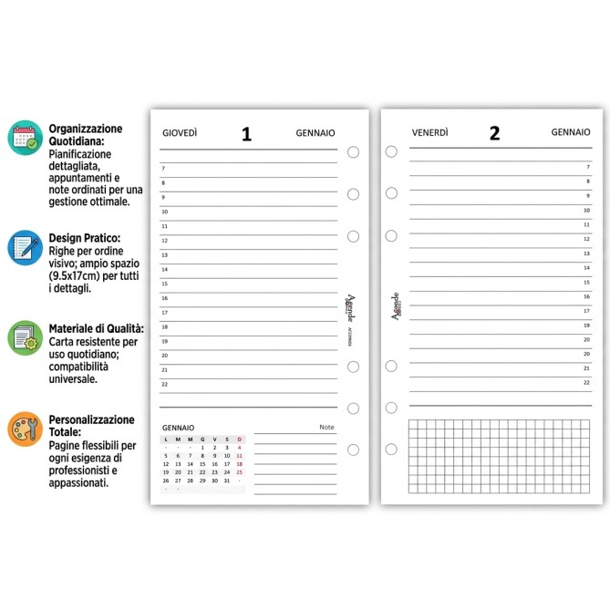 Ricambio Agenda Giornaliera a Righe 2027, 9,5x17 cm, 6 Fori, Carta 80gr, Bianco 3