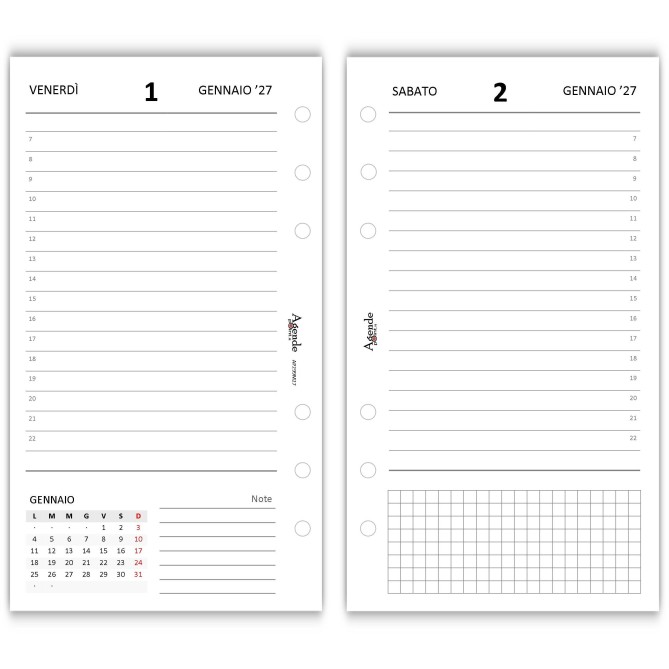 Ricambio Agenda Giornaliera a Righe 2027, 9,5x17 cm, 6 Fori, Carta 80gr, Bianco 5